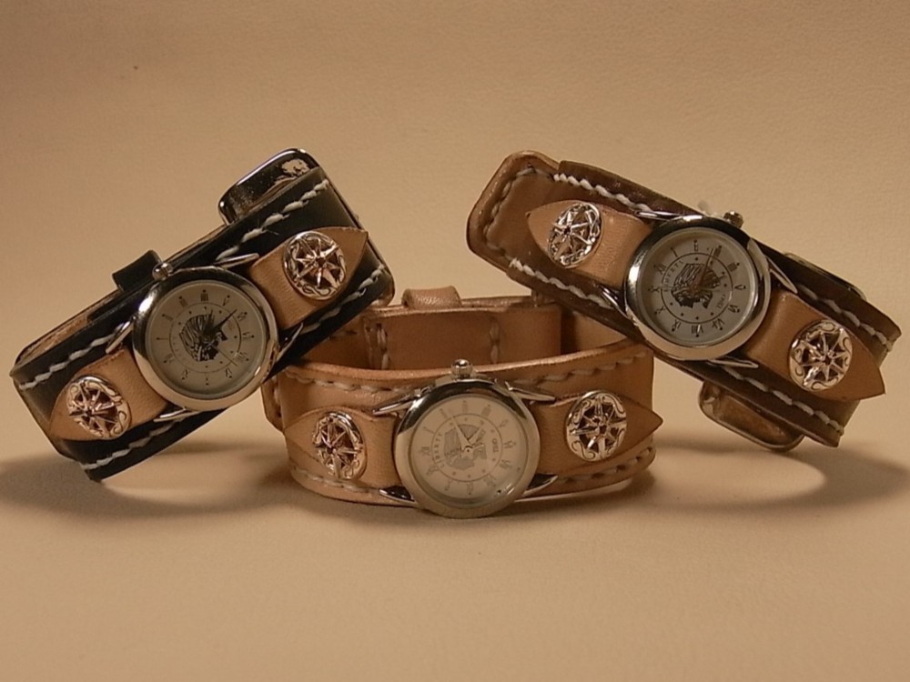 サドルレザー×シルバー９２５　腕時計　太陽コンチョ　選べる天然石・誕生石　Grand Galleria