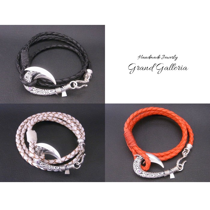 シルバー925　レザー　牛革　フィッシュフックブレスレット　誕生石　天然石　13〜23cm　Grand Galleria