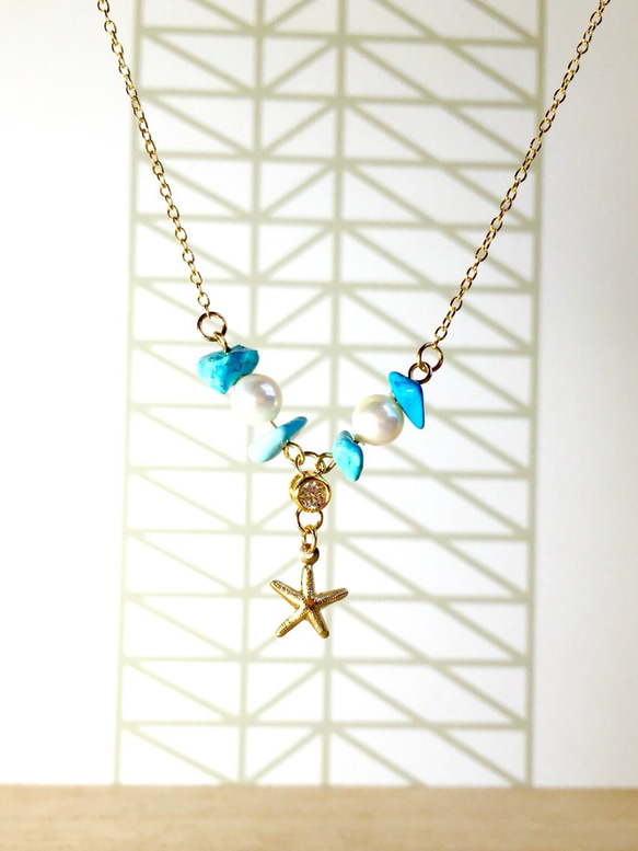 【14KGF】Starfish&Turquoise Summerネックレス 1枚目の画像