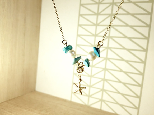 【14KGF】Starfish&Turquoise Summerネックレス 2枚目の画像