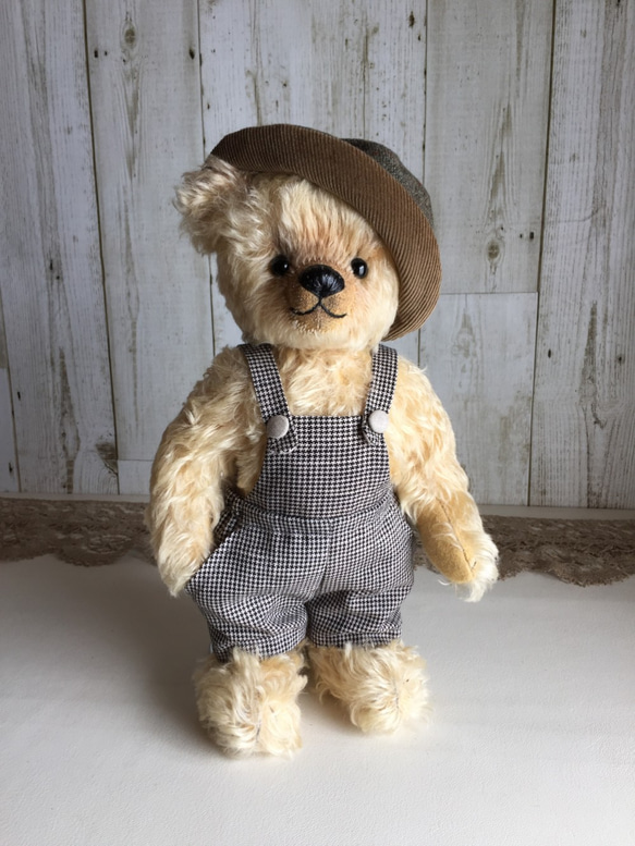 テディベアのお洋服【Lサイズ】綿麻千鳥のサロペット ぬいぐるみ