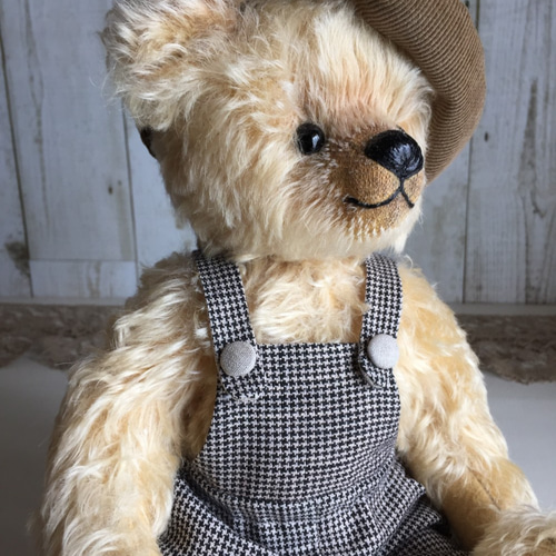 テディベアのお洋服【Lサイズ】綿麻千鳥のサロペット ぬいぐるみ
