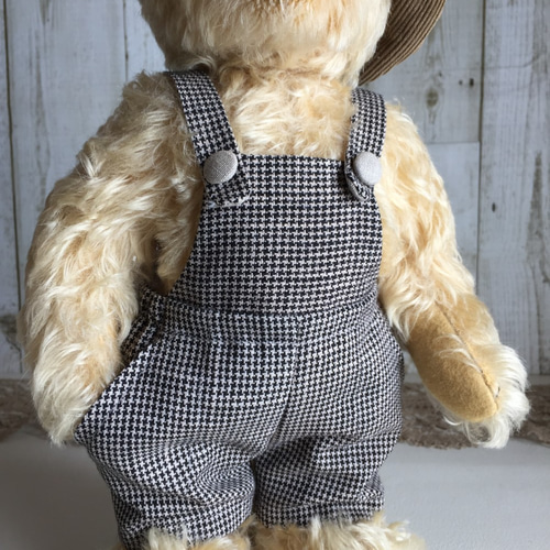 テディベアのお洋服【Lサイズ】綿麻千鳥のサロペット ぬいぐるみ