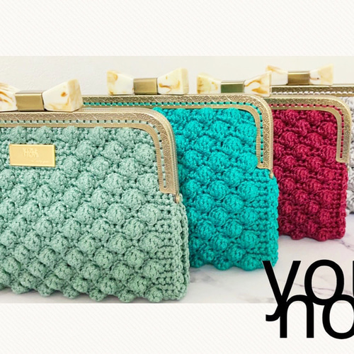 ハンドメイド リボンのがま口マルチケース ポーチ かぎ編み 母子手帳