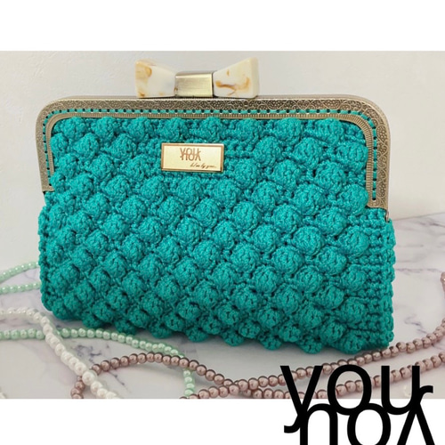 ハンドメイド リボンのがま口マルチケース ポーチ かぎ編み 母子手帳