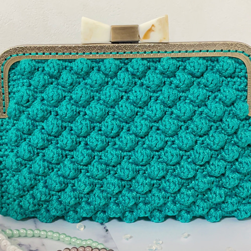 ハンドメイド リボンのがま口マルチケース ポーチ かぎ編み 母子手帳