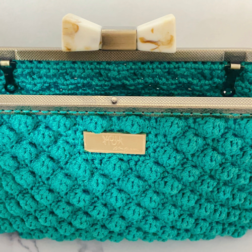ハンドメイド リボンのがま口マルチケース ポーチ かぎ編み 母子手帳
