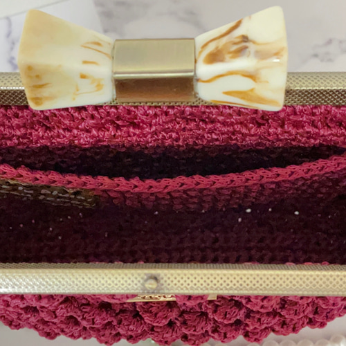 ハンドメイド リボンのがま口マルチケース ポーチ かぎ編み 母子手帳