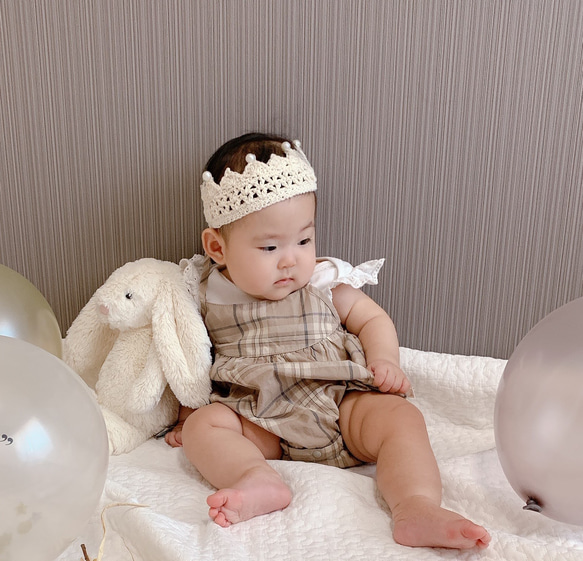 \thanks♡300!!/ ベビークラウン☆パール ハーフバースデー お誕生日 王冠 ヘアバンド かぎ編み 100日 13枚目の画像