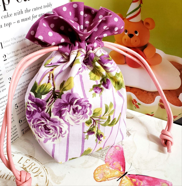 バイカラー大人の巾着袋(M)(PU dot/flower stripe) 巾着袋 p.m.miporin