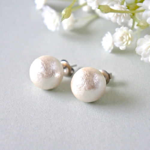 The コットンパールピアス12mm＊ イヤリング・ノンホールピアス ideco