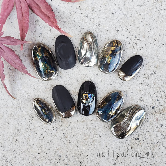 ニュアンスネイル うねうねブラックネイル シルバー ブライダル 結婚式