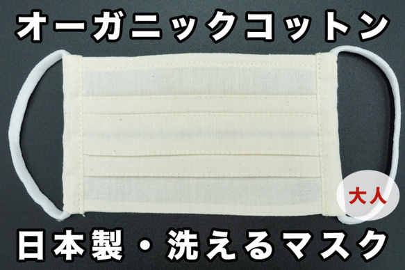 大人用 オーガニックコットンマスク ｜ 日本製・洗える プリーツマスク ｜ きなり ｜ 3ha 1枚目の画像