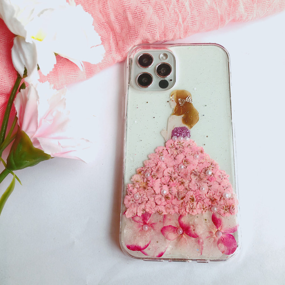 ピンクのドレス iPhone15 押し花ケース スマホケース iPhone15pro 