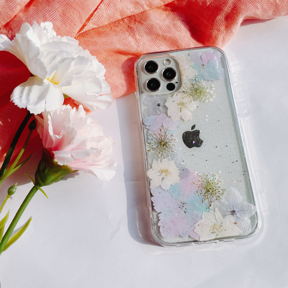 水の色紫陽花 押し花 iPhone15/13  スマホケース Xperia10 III/HUAWEI Mate60pro 4枚目の画像