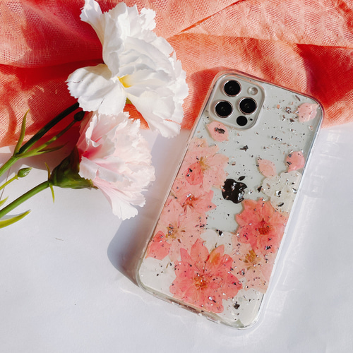 ピンク紫陽花 押し花 iPhone15/11pro スマホケース Xperia 10 IV 
