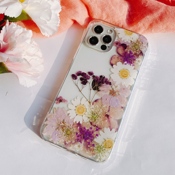 紫陽花と桜 押し花iPhone14Pro/15 スマホケースXperia 10 IV/HUAWEI Mate60pro 1枚目の画像