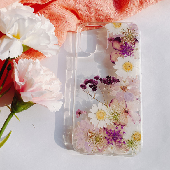 紫陽花と桜 押し花iPhone14Pro/15 スマホケースXperia 10 IV/HUAWEI Mate60pro 2枚目の画像