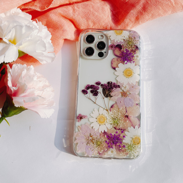紫陽花と桜 押し花iPhone14Pro/15 スマホケースXperia 10 IV/HUAWEI Mate60pro 4枚目の画像