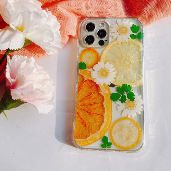 果物とレモン 押し花ケース iPhone15plus スマホケース Xperia Ace III/iPhone14/ 1枚目の画像