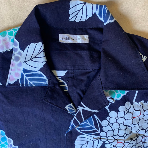 着物リメイク 浴衣地アロハシャツ 紺地に紫陽花 メンズ Sサイズ シャツ