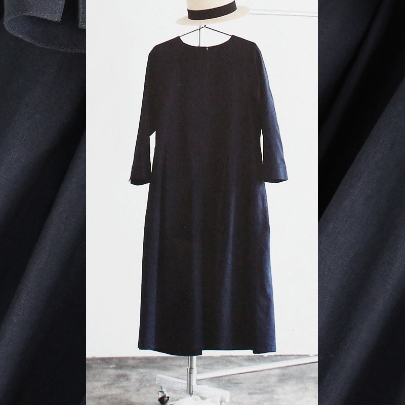 c_o_c_o_r_o ネイビー/コットンリネン　八分袖カフス付き　ウエスト切り替えＡラインワンピース