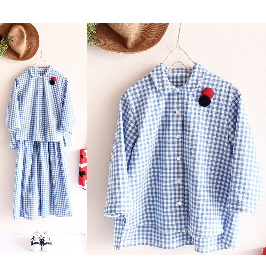 c_o_c_o_r_o ブルー/白ギンガムチェック　コットンブラウス