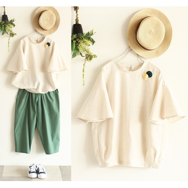 c_o_c_o_r_o　コットンリネンブラウス/5分袖フレアー袖/キナリ