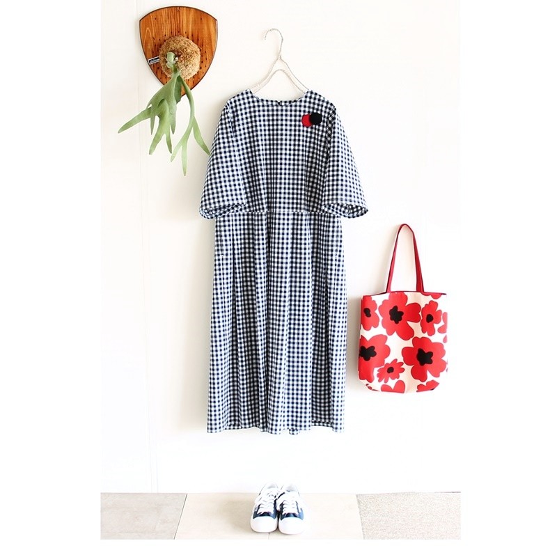 c_o_c_o_r_o  紺×白ギンガムチェック/コットン　五分袖　ウエスト切り替えＡラインワンピース