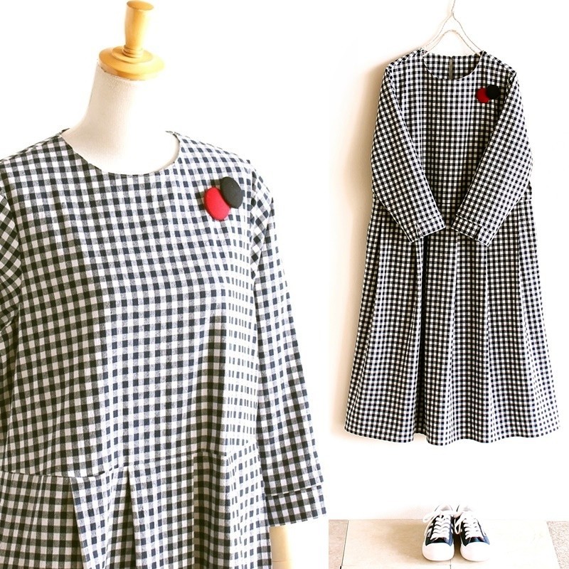 c_o_c_o_r_o　黒/白ギンガムチェック/コットン　S～4L　八分袖カフス付き　ウエスト切り替えＡラインワンピース