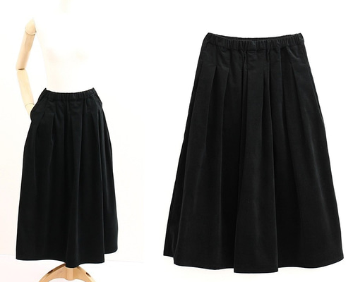 c_o_c_o_r_o 細コーデュロイ ロングタックスカート（黒) コットン