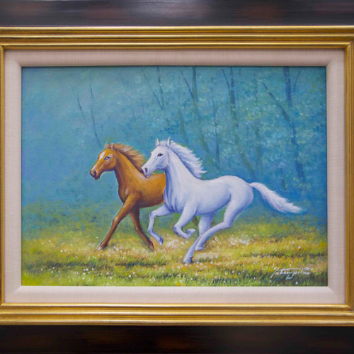 ■マッド・ジョンソン馬絵画 油絵 激走馬ハブノマッスル[F4号]証明書付■ □可愛いマッド・ジョンソン馬絵画 油絵 激走馬ハブノマッスル