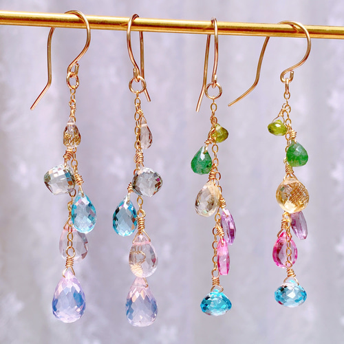 14kgf 天然石 ターコイズ&大人ニュアンスカラーポンポンゆらりピアス 14kgf 天然石 ターコイズ&大人ニュアンスカラーポンポンゆらりピアス