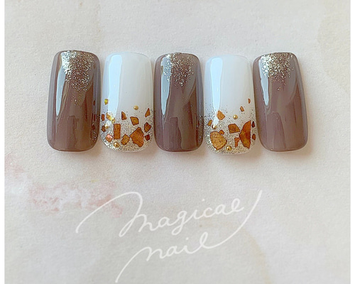 no.014淡色 ベージュ ブラウン フラワー 花 ネイルチップ 結婚式