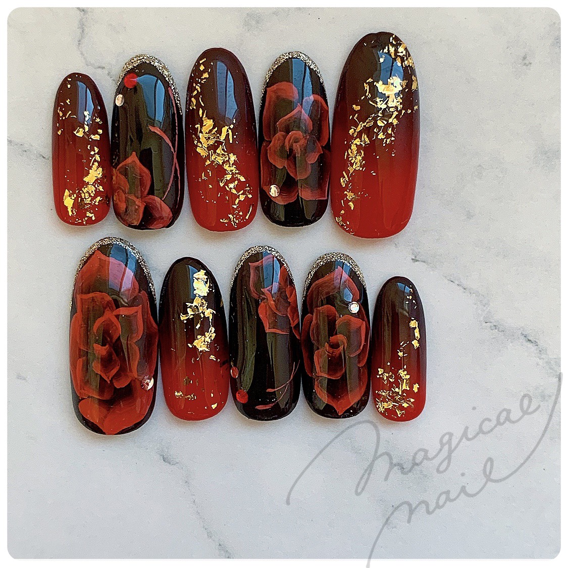 再販4薔薇ネイル◆金箔 花 バラ 赤 黒 レッド ブラック グラデーション 成人式 和装 着物 振袖 派手 金 ゴールド