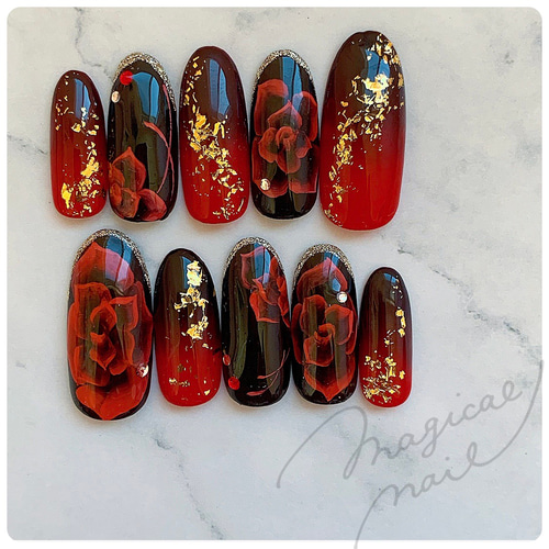 再販4薔薇ネイル◇金箔 花 バラ 赤 黒 レッド ブラック グラデーション