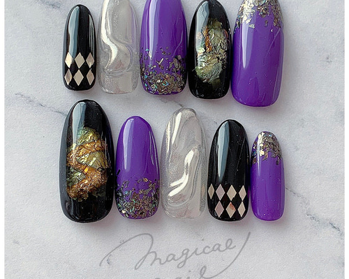 黒×紫×ミラー 辛口ハンサムネイルチップ かっこいい 金箔 うねうね