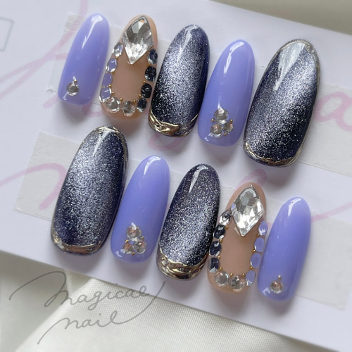 紫ラメ　ネイルチップ　ハートビジュー　推し　ライブ　なまえ 69ef6624753254b03acee93c8d2183