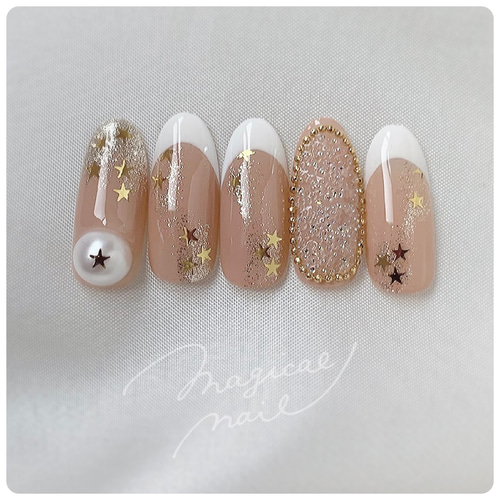 星ホロ☆キラキラ白フレンチ ネイルチップ ピクシー 上品 大人 きれい