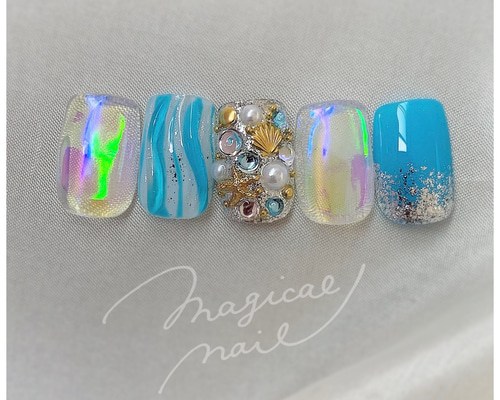 サイズオーダーネイルチップ シェル 夏 うねうね オーロラ キラキラ シンプル サイズオーダーネイルチップ シェル 夏 うねうね オーロラ