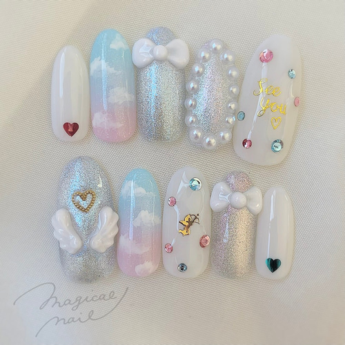 天使の羽ネイル♡可愛い パステル 雲 リボン ピンク 水色 白 ホワイト  