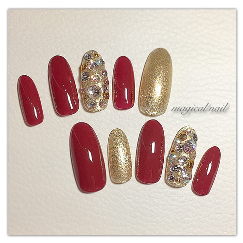 赤×金 ボルドー ゴールド スワロ埋めつくし ネイルチップ 派手  
