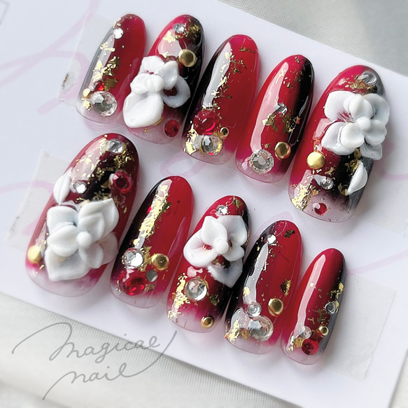 成人式 和風 着物 ネイルチップ 赤 黒 花 かっこいい 着物 マーブル  