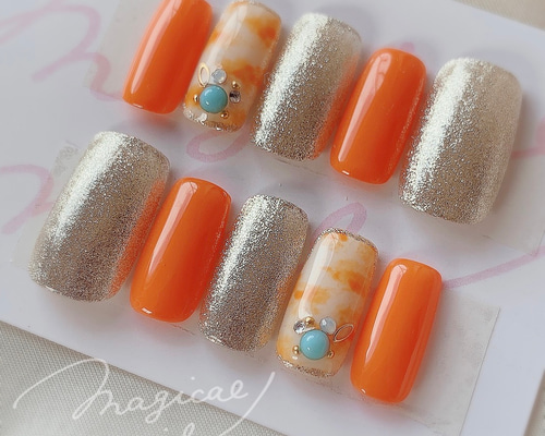 ☆オレンジ夏ネイル☆トロピカル マーブル模様 ネイルチップ