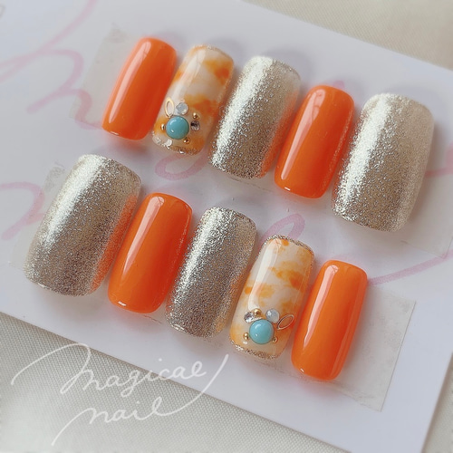 ☆オレンジ夏ネイル☆トロピカル マーブル模様 ネイルチップ
