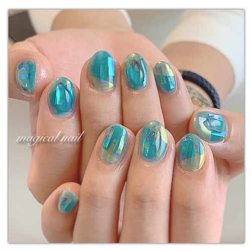 涼しげニュアンス☆ターコイズ 水色 ブルー 透明感 エメラルド ネイル