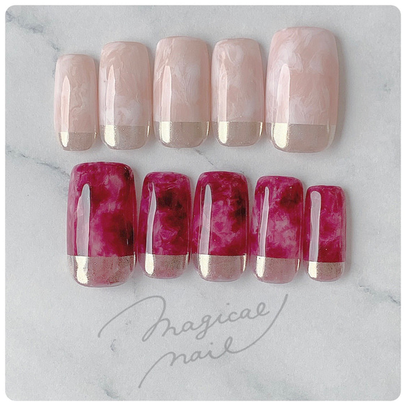 ニュアンスネイル 白 ピンク ボルドー 赤 ミラーフレンチ 根元ミラー