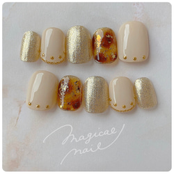 べっ甲×ホワイト系 ネイルチップ スタッズ ゴールド ラメ べっこう