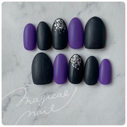 再販！マット感♡黒×紫 シンプル ネイルチップ ラメ キラキラ