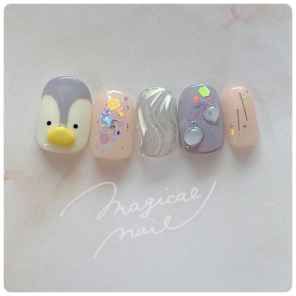 ペンギンちゃんの涼しげネイル 海 キラキラ 3D 水族館 グレー 夏